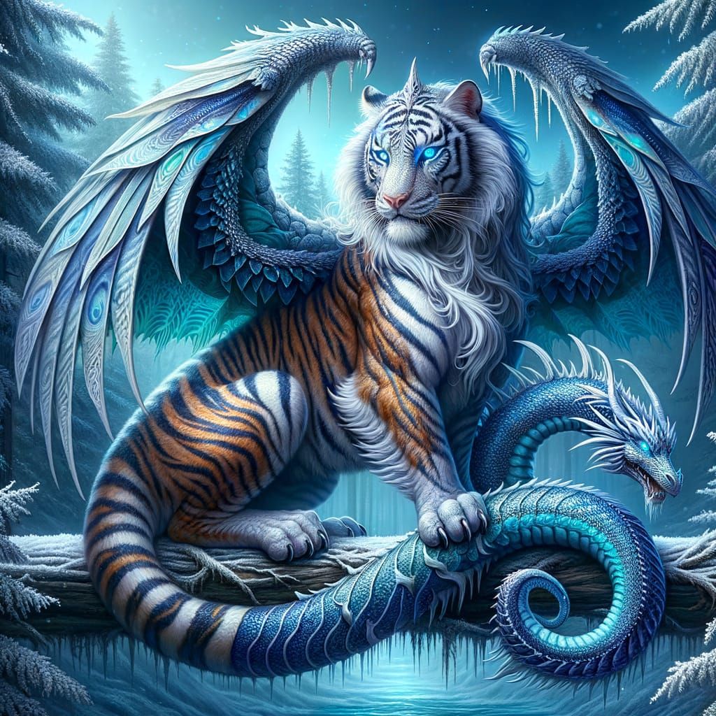 Majestic Tiger-Dragon Chimera in Snowy Forest Realm
