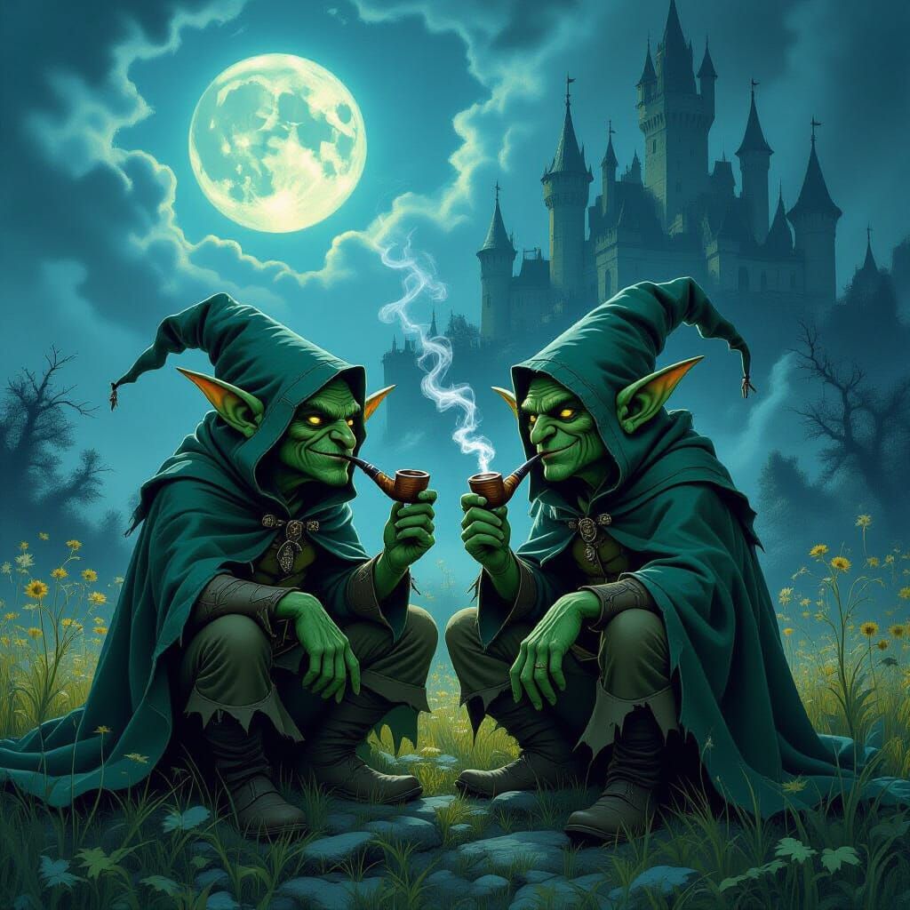 Green Goblins Smoking Pipe in Mystical Field