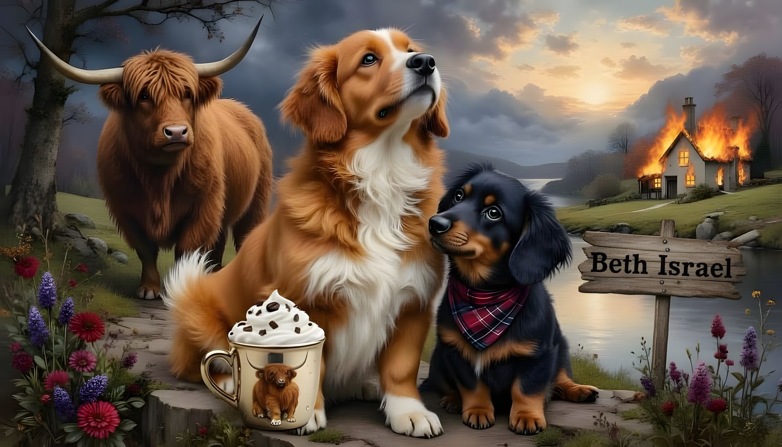 Two Adorable Puppies Beside Scottish Woman and Highland Cow