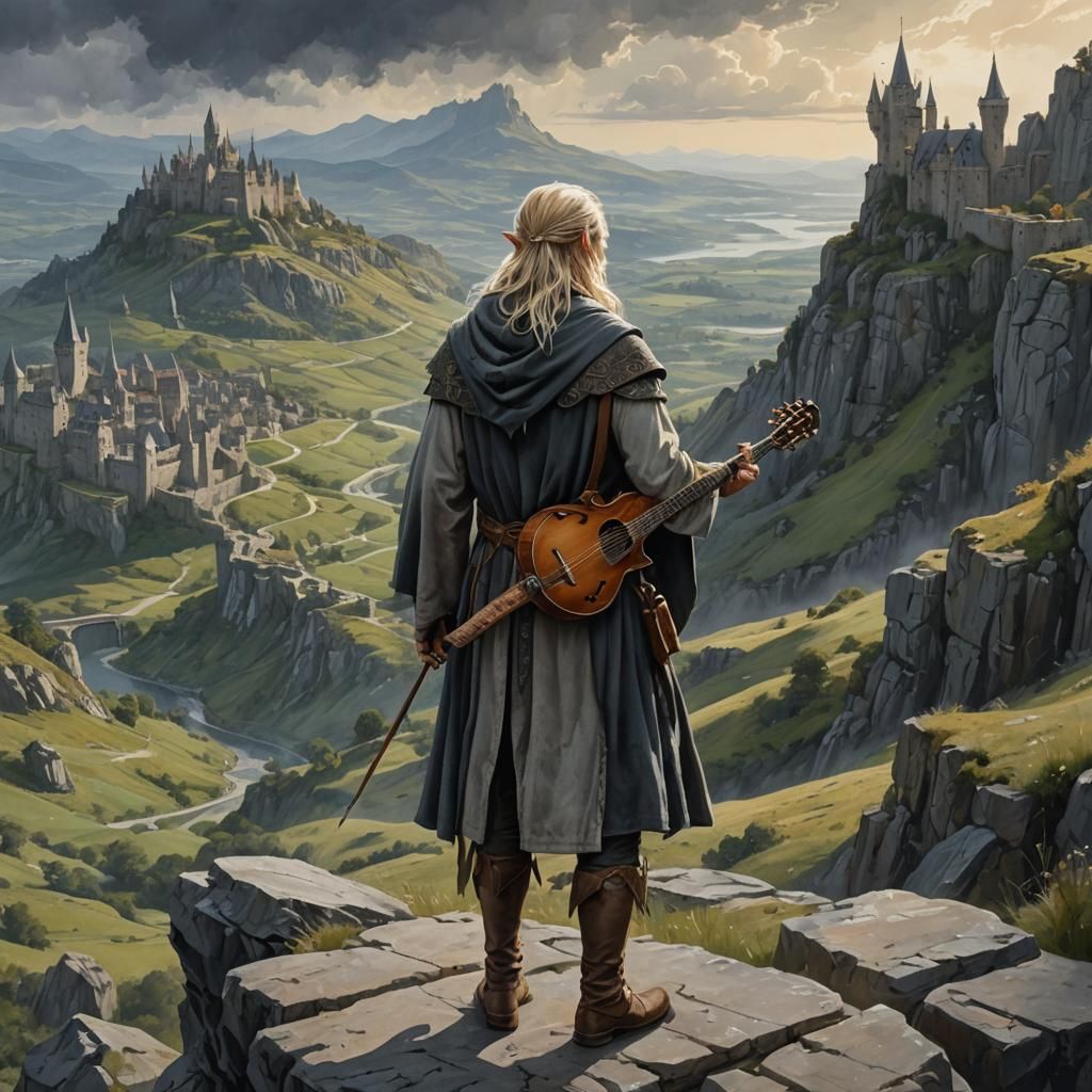 Elf Bard on Hillside: Gray Watercolor Concept Art