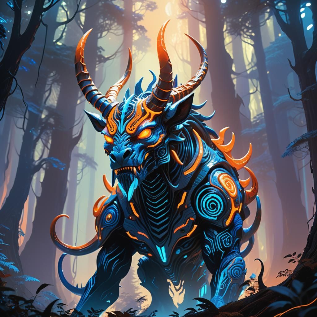 Majestic Horned Creature in Neon Forest Concept Art