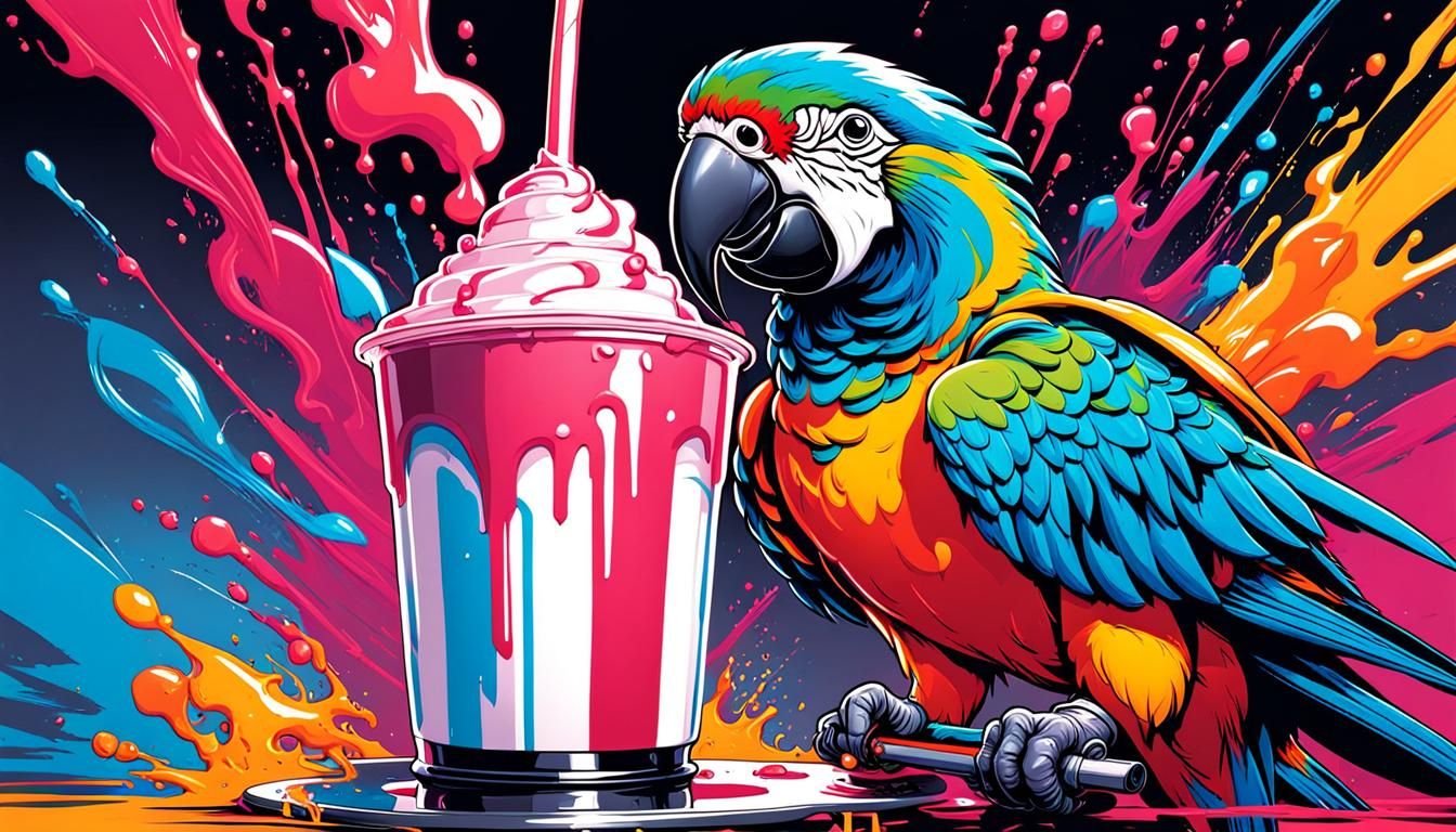 Colorful Parrot with Milkshake in Graffiti Style