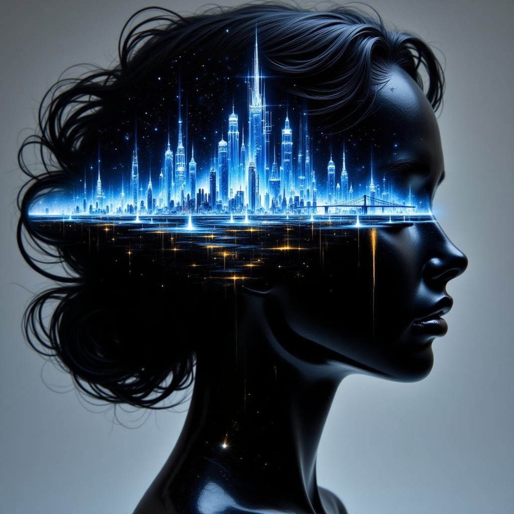 Obsidian Woman with Sapphire Cityscape: Futuristic Art