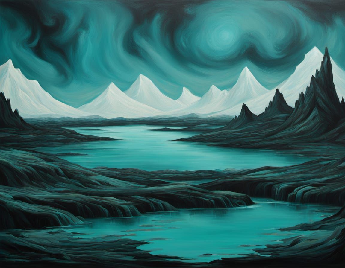 Abstract Surrealism Painting of Ancient Turquoise Landscape