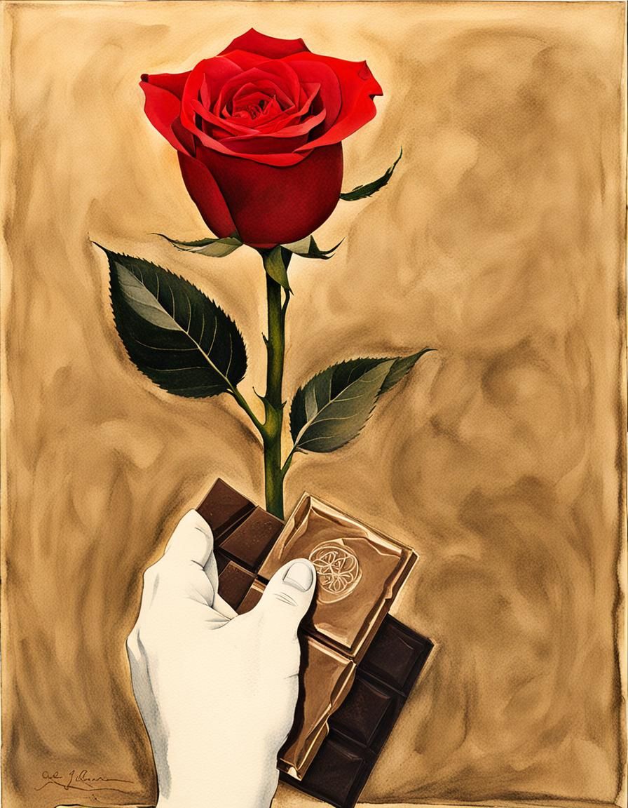 Hand Offers Rose and Chocolate, Ink and Watercolor