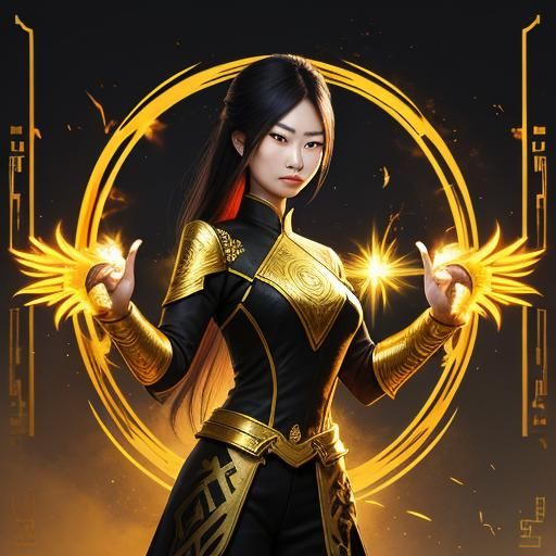 Young Vietnamese Woman with "Sunny Blaze" gauntlets, two intricately designed gauntlets that would shoot beams of warm, ...