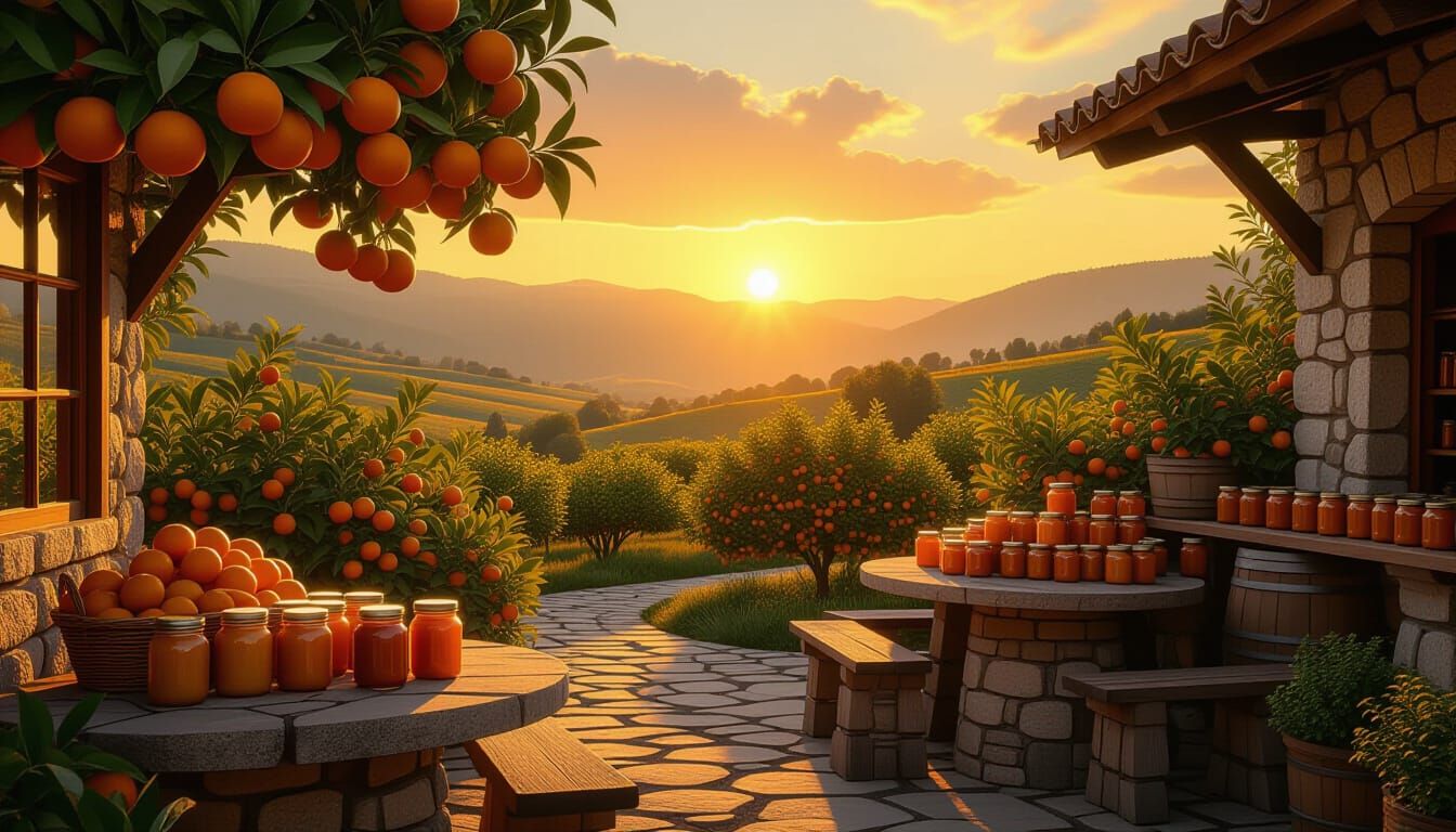 Idyllic Orange Jam Shop in Valley at Sunset