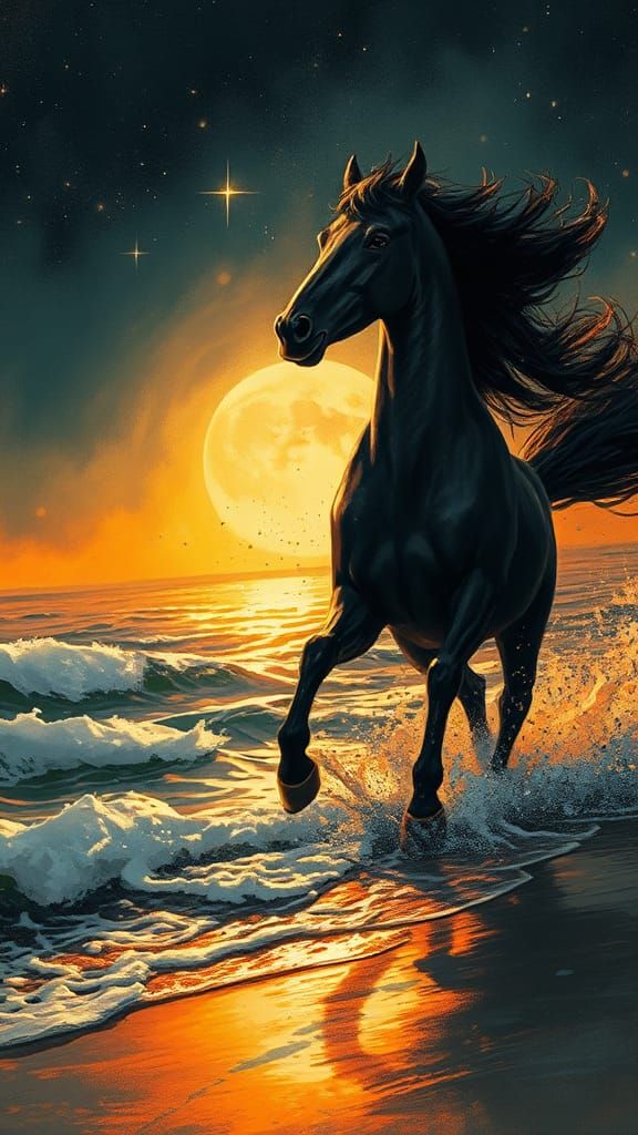 Moonlit Gallop: Black Stallion in Romantic Art Nouveau Style