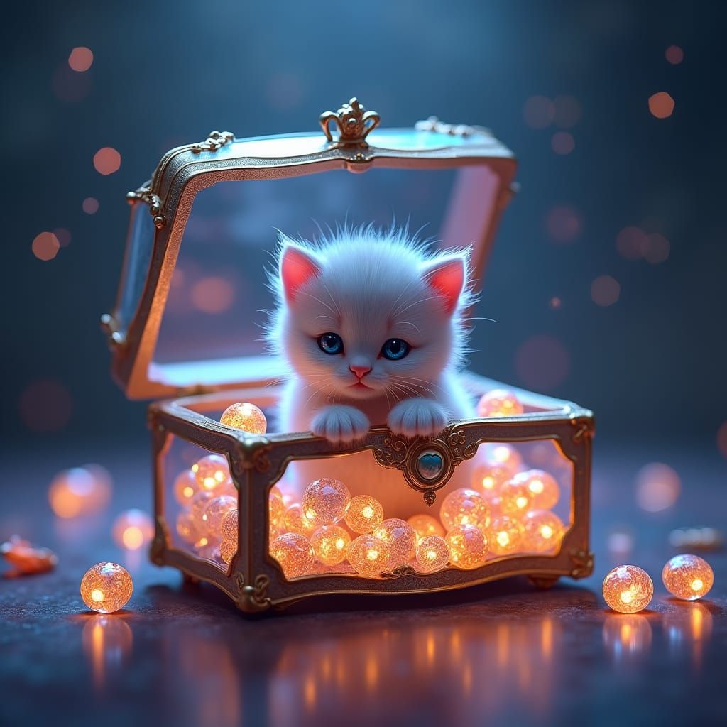 Kitten in Glass Jewelry Box with Glowing Treasures