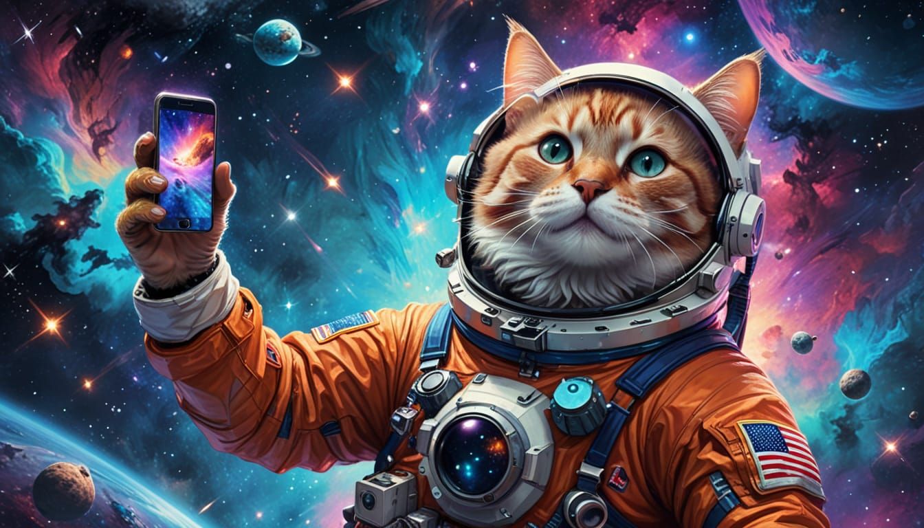 Cat Astronaut Takes Cosmic Selfie Amidst Meme Planets