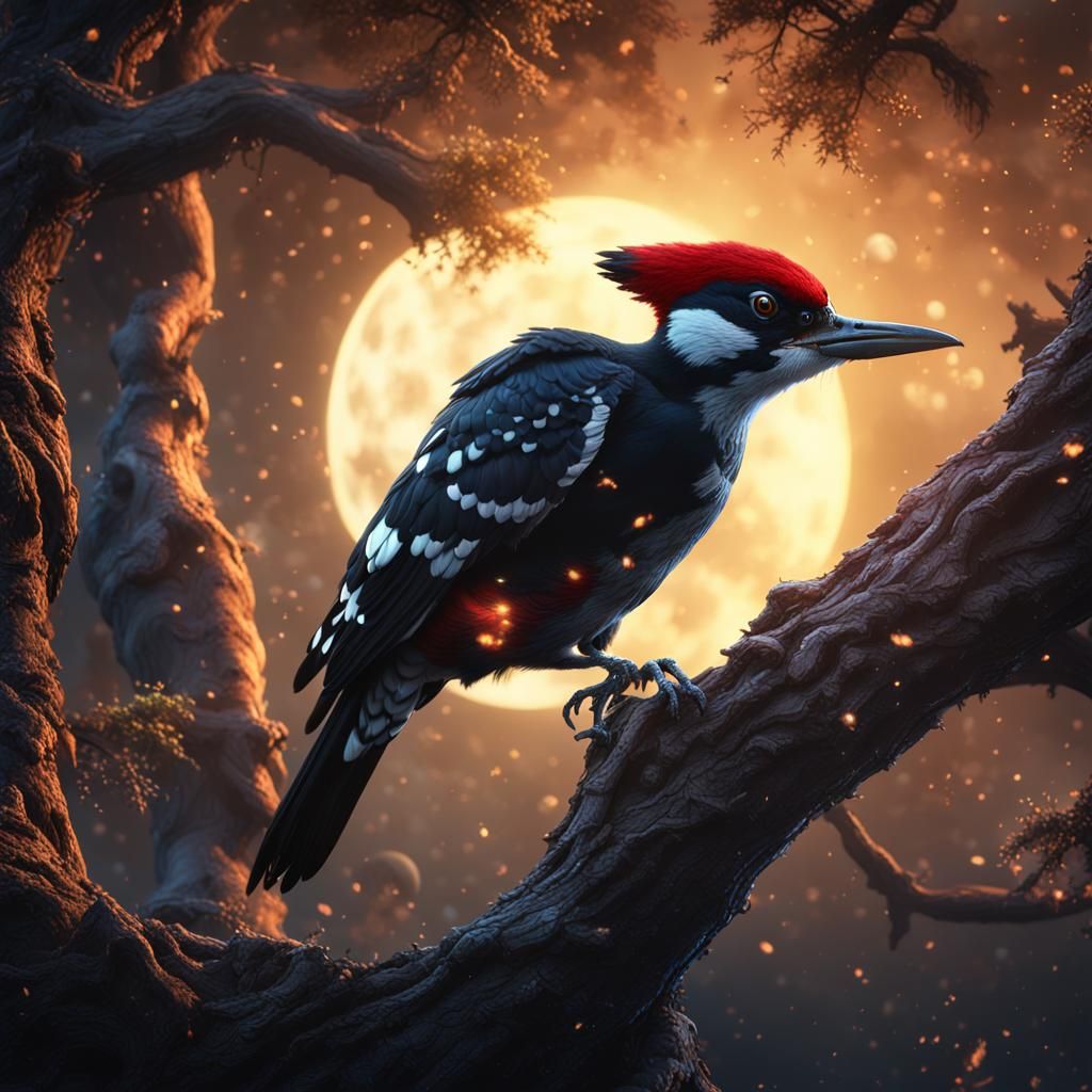 Furious Woodpecker Pecking Tree: Detailed Matte Painting