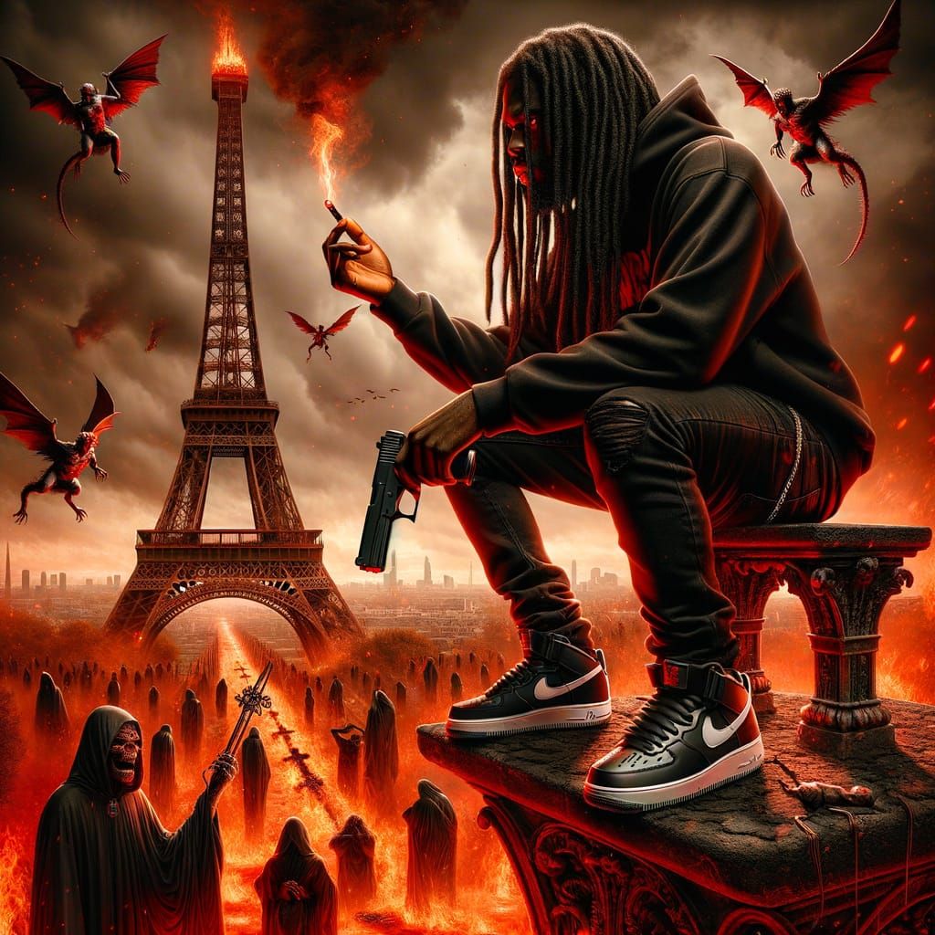 Apocalyptic Album Cover: Man on Fiery Eiffel Tower