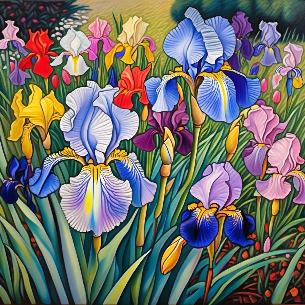 Blooming Irises: Hyperrealistic Oil Painting in Pastel Hues