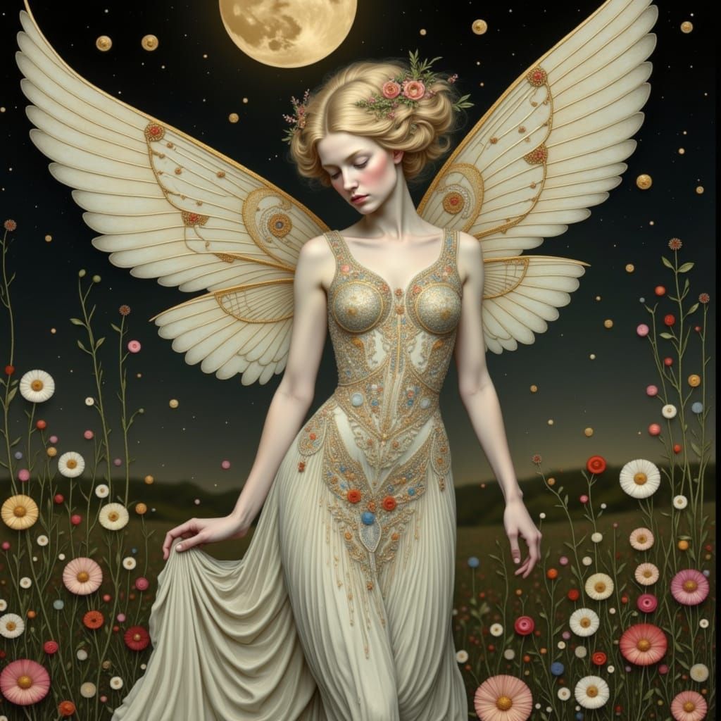Folk Art Nouveau Fairy in Moonlit Garden