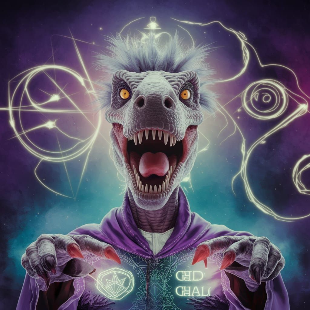 Feathered Dinosaur Wizard with Occult Symbols