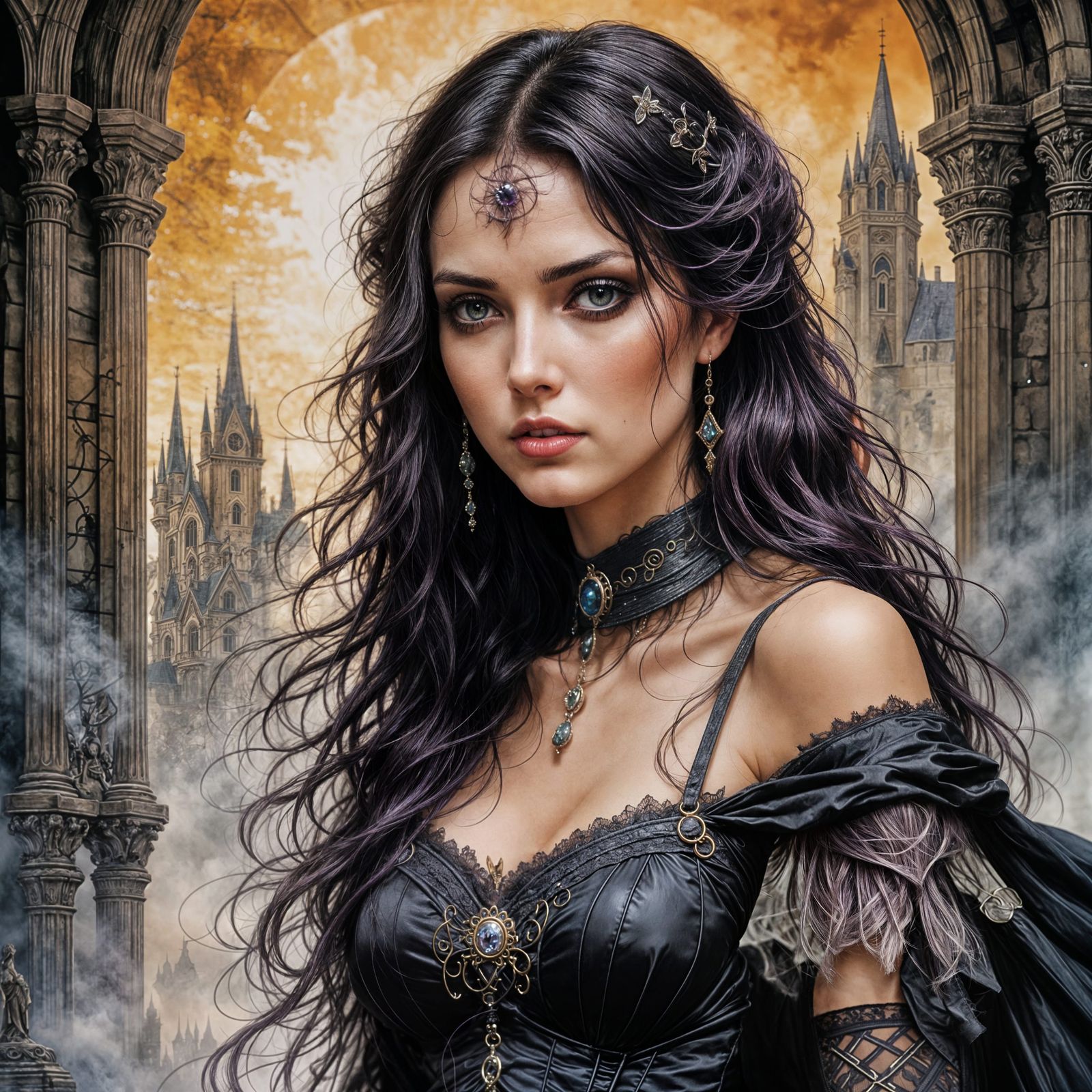 Mysterious Woman in White Garment with Purple Hair