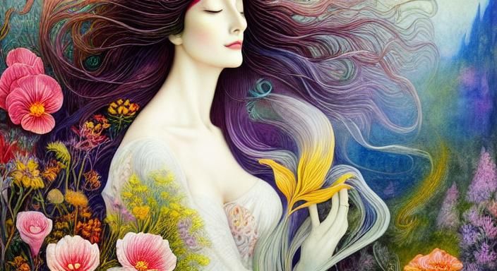 Woman with Flower in Forest, Watercolor Painting