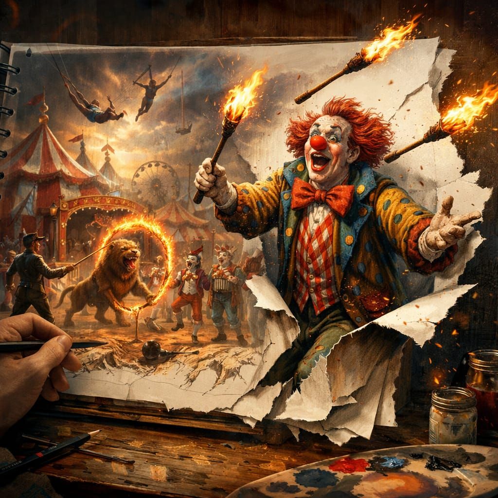 Detailed Circus Scene with Juggling Clown in Digital Matte P...