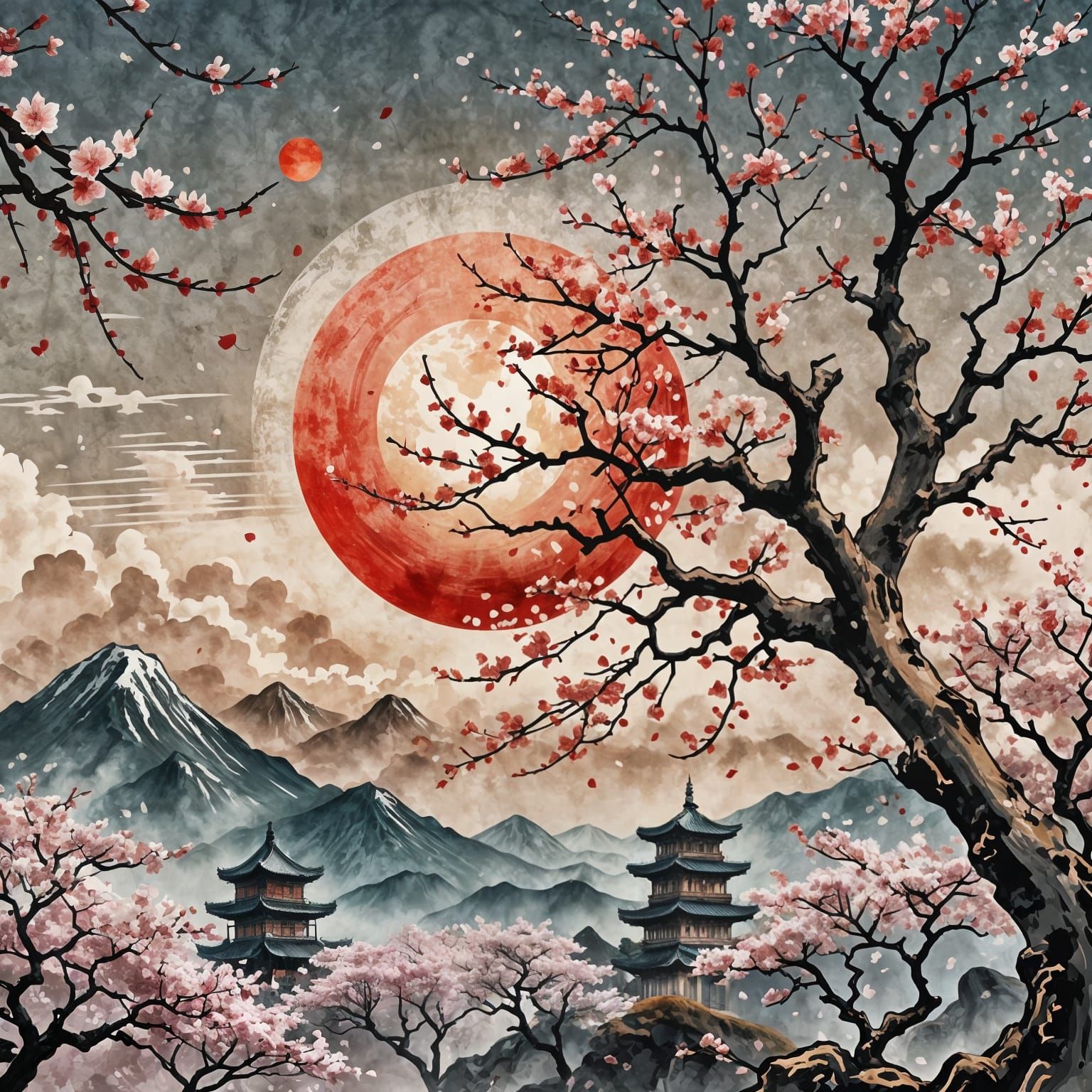 Towering Sakura Tree in Chinese Ink Painting