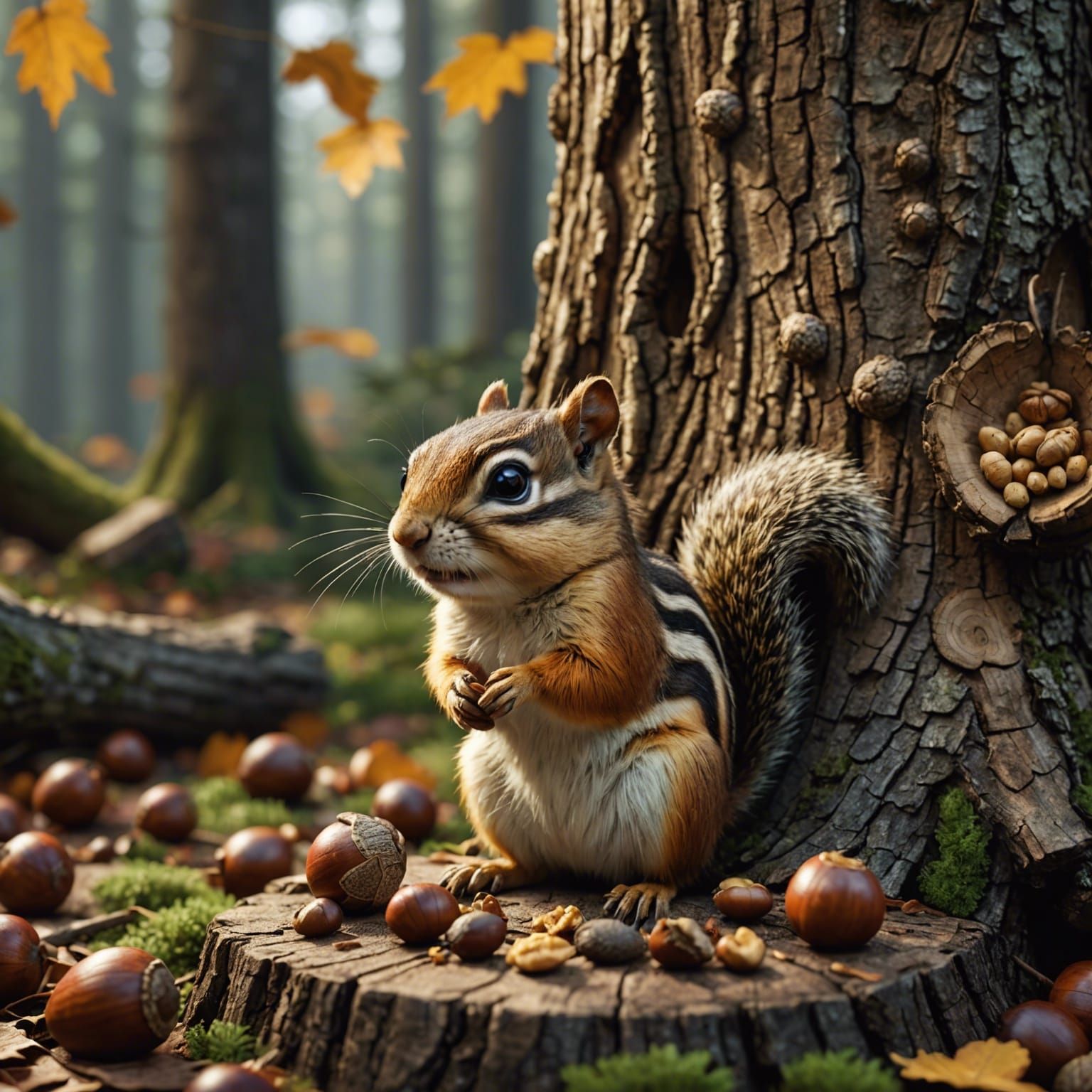 Chipmunk Gathering Acorns: Detailed Matte Painting