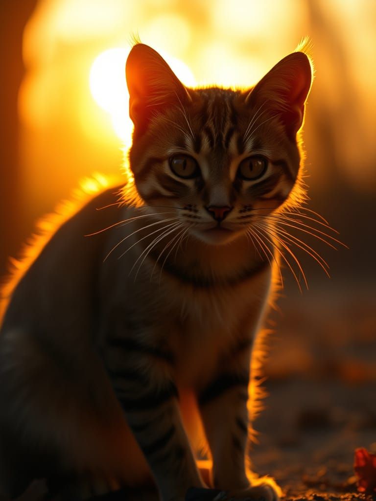 Cat in Sunrise Light: Cinematic 35mm Film Still