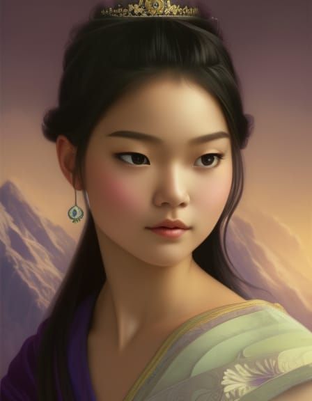 Cute Asian Princess Portrait in Hyperdetailed Style