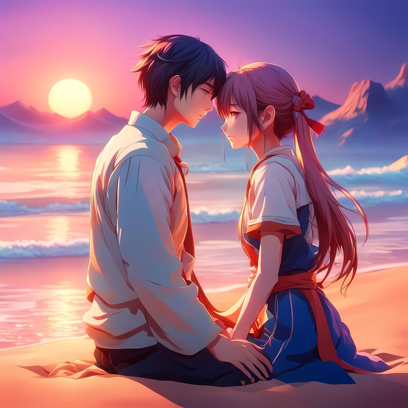 Passionate Couple on Beach in 3D Anime Art