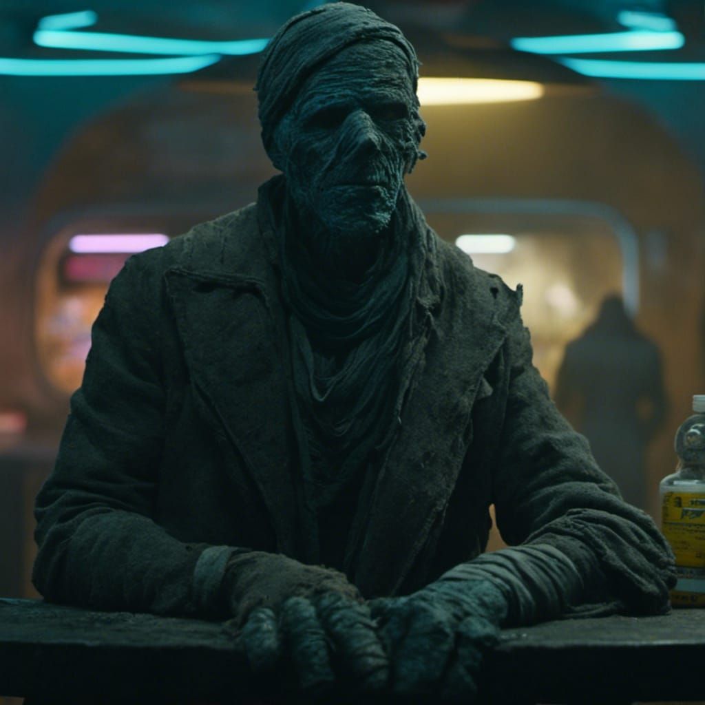 Cyberpunk Mummy in Dystopian Cityscape