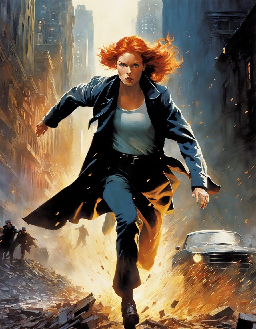 Redhead Runs Through Collapsing City in Poster Style
