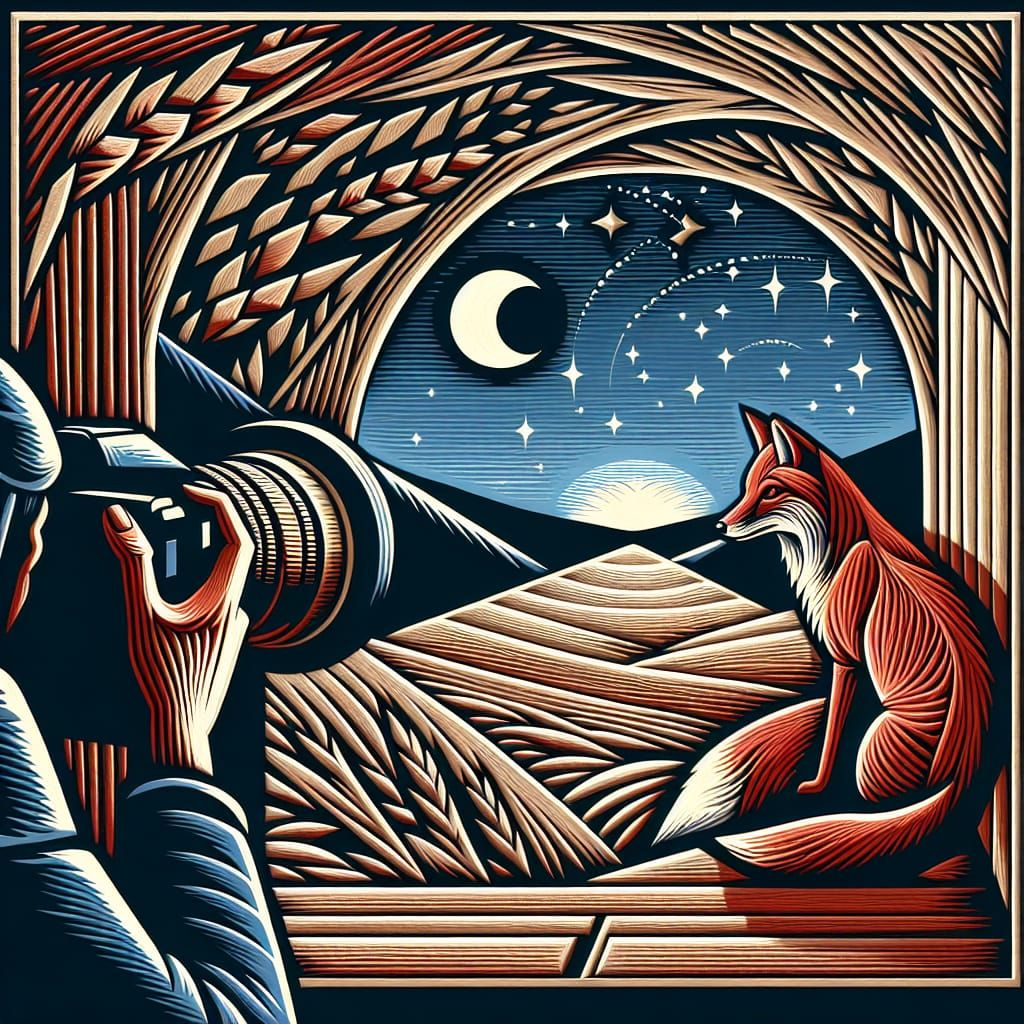 Red Fox Under Starry Sky in Cubist Woodcut Style