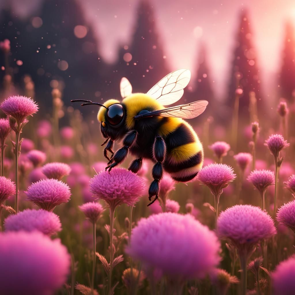 Cute Pink Bumblebee in a Field: Detailed Matte Painting
