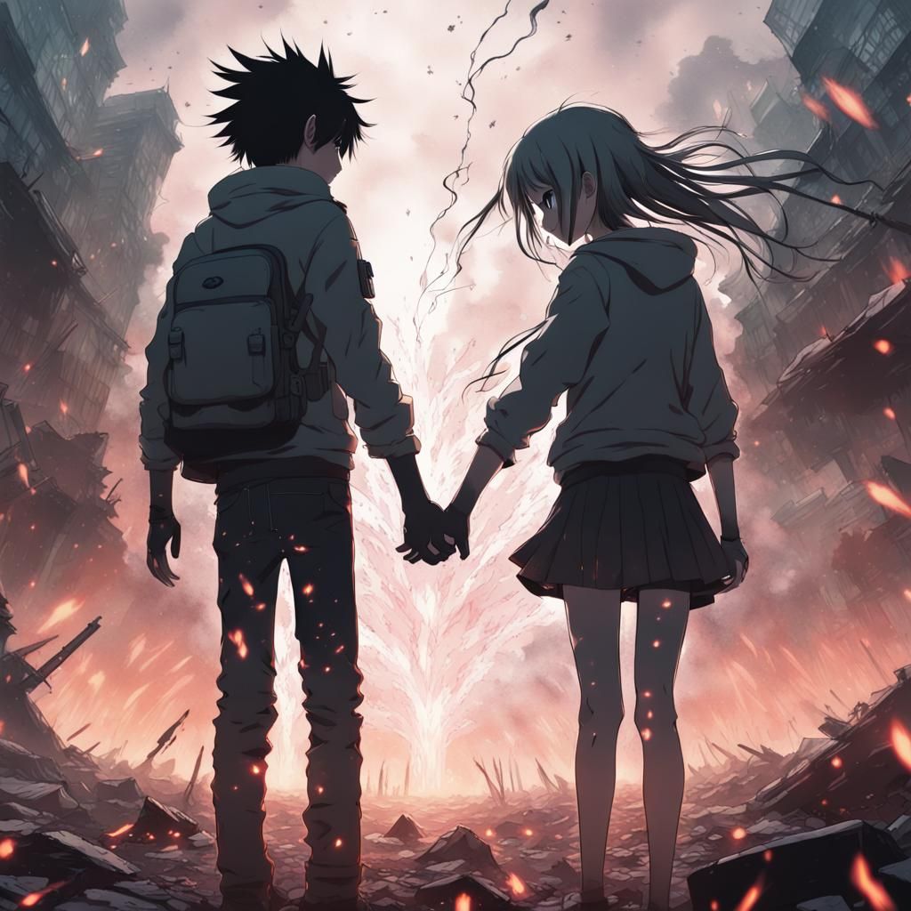 Anime Couple Holding Hands in Post-Apocalyptic World