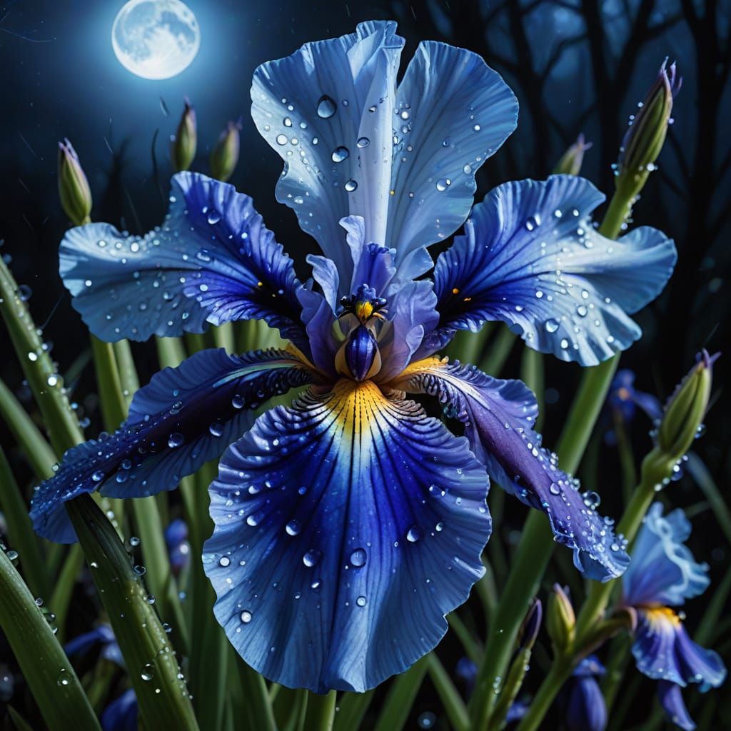 Azure Iris with Dewdrops and Blue Butterfly
