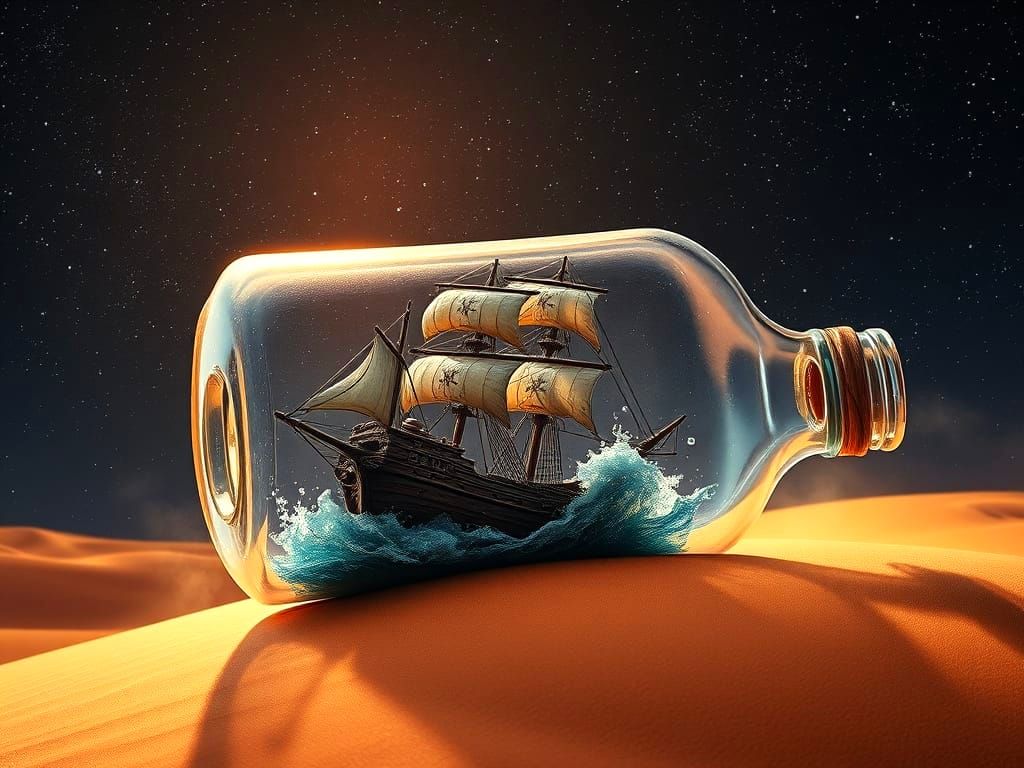 Ethereal 17th Century Ship Sinks in Glass Bottle, Desert Dun...