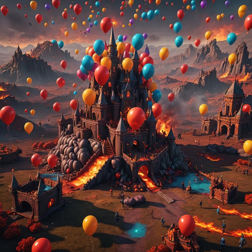 Hellish Kids Party with Jumping Castle in Fiery Landscape