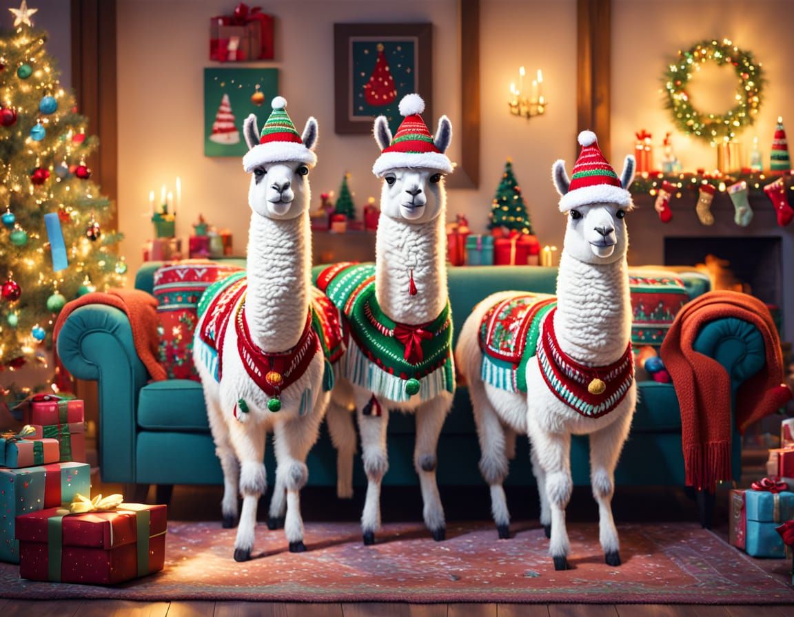 Fanciful Llamas in Festive Christmas Scene