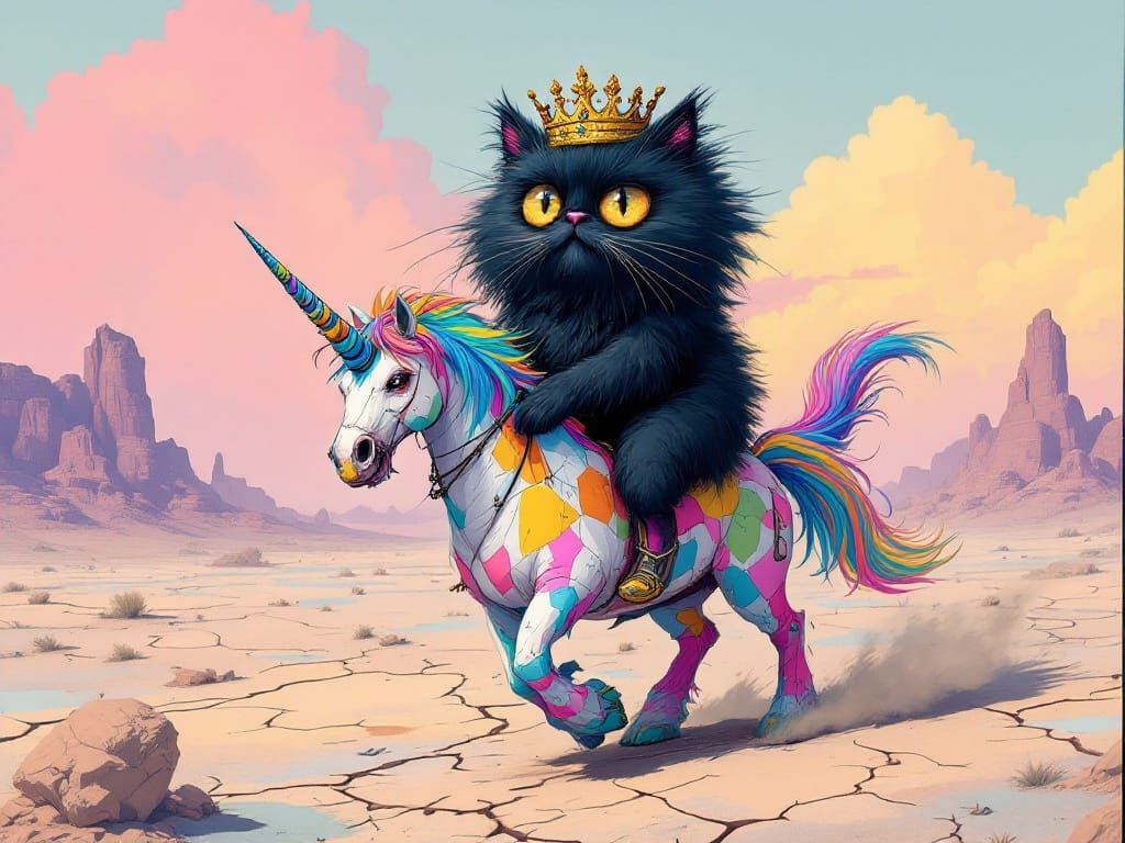 Surreal Cartoon Cat Rules Vast Pastel Desert on Tarnished Un...