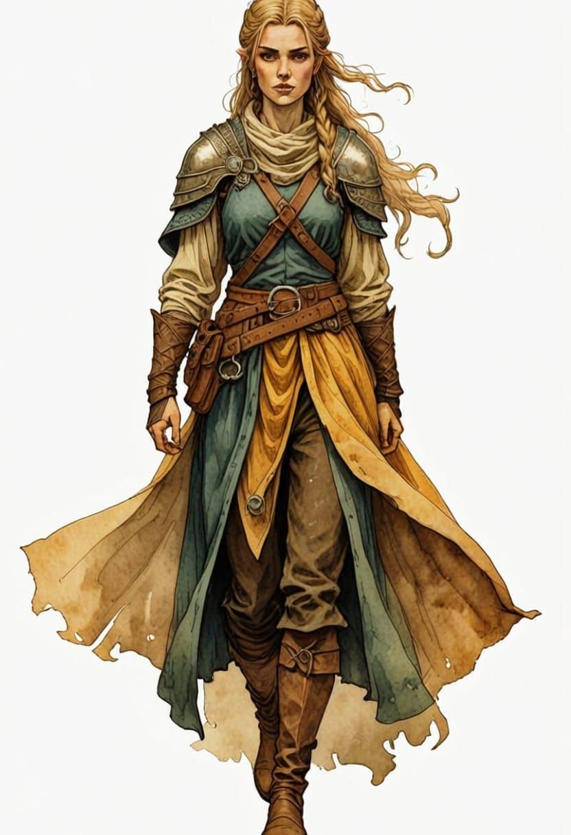 Viking Woman in Hand Drawn Ink Watercolor Style