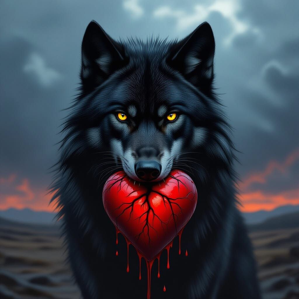 Loyal Black Wolf Protects Bleeding Heart in Dark Fantasy