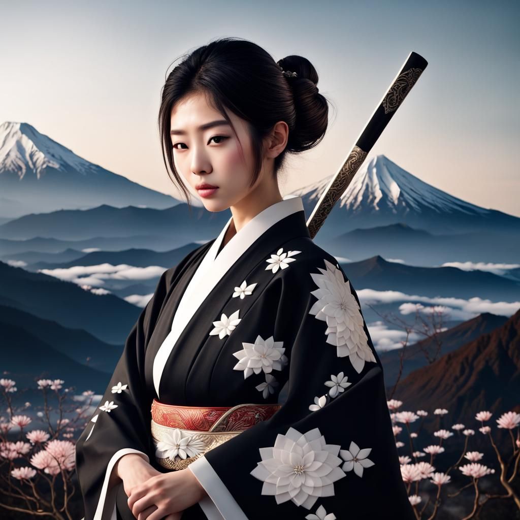 Japanese Woman in Kimono Under Dynamic Lighting