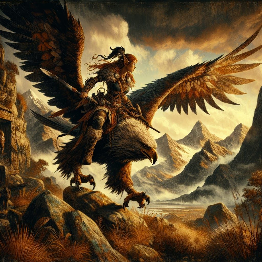 Celtic Warrior Rides Fierce Battle Eagle in Epic Fantasy Sce...