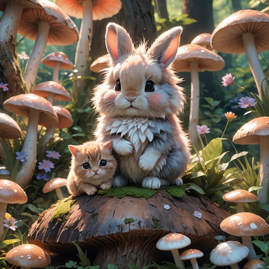 Adorable Anime Rabbit and Kitten on Mushroom