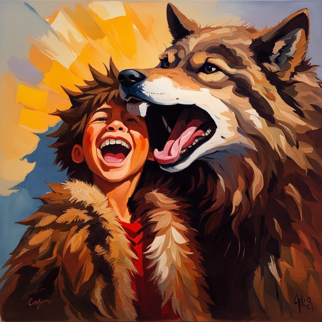 Caveman and Wolf Cub in Expressionist Oil Painting