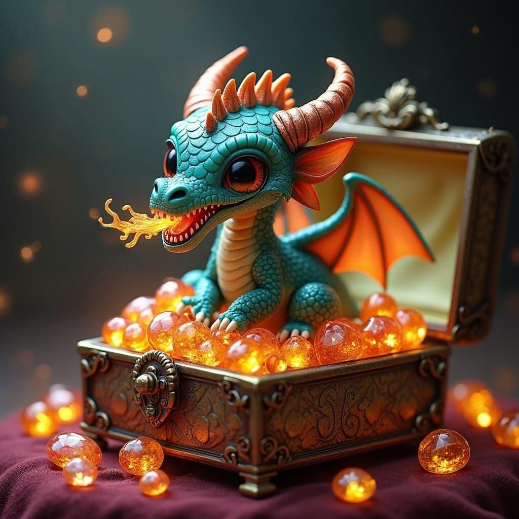 Cute Baby Dragon in Glowing Jewelry Box