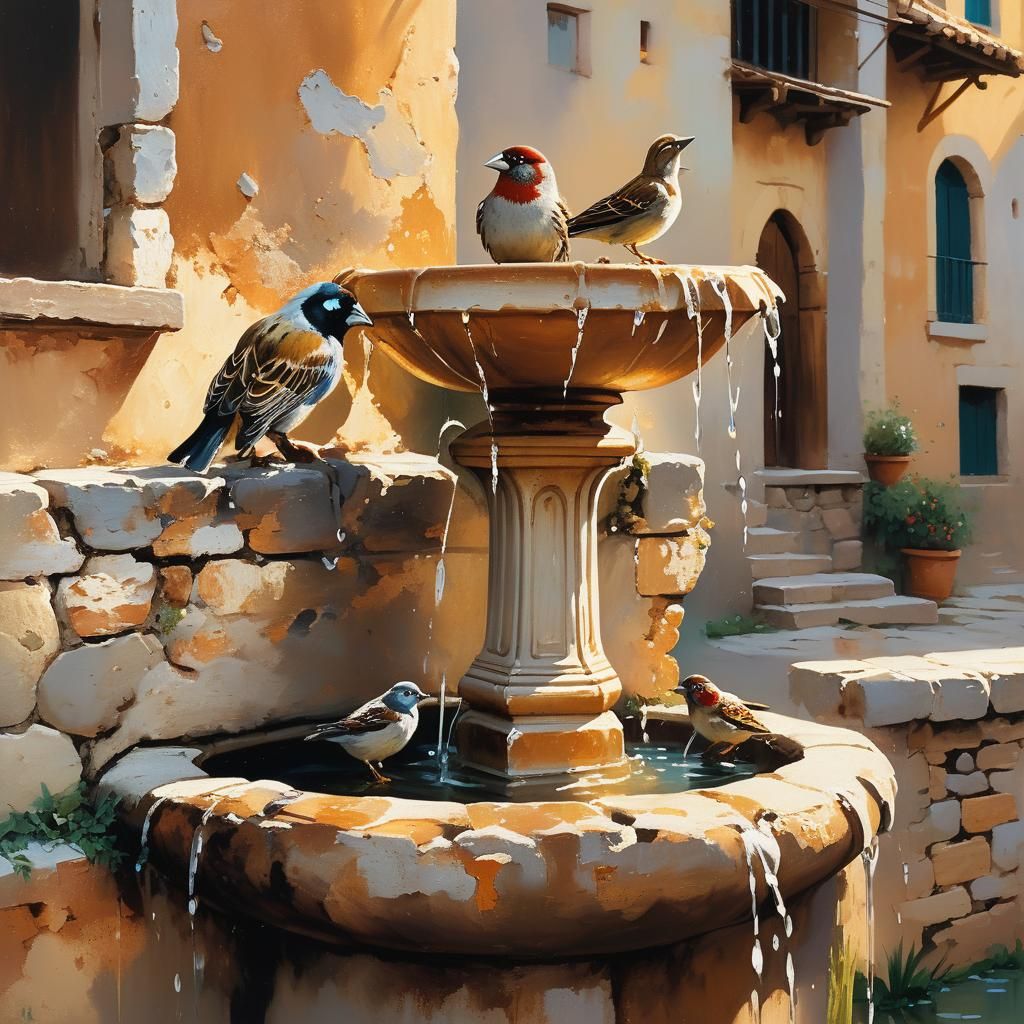 Spanish Fountain with Sparrows as Oil Painting