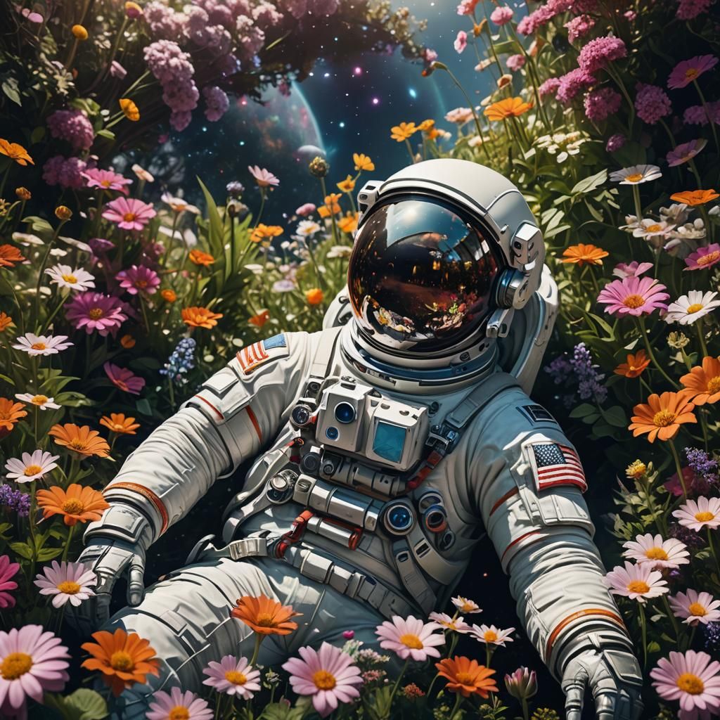 Astronaut in Floral Garden Reflecting the Universe