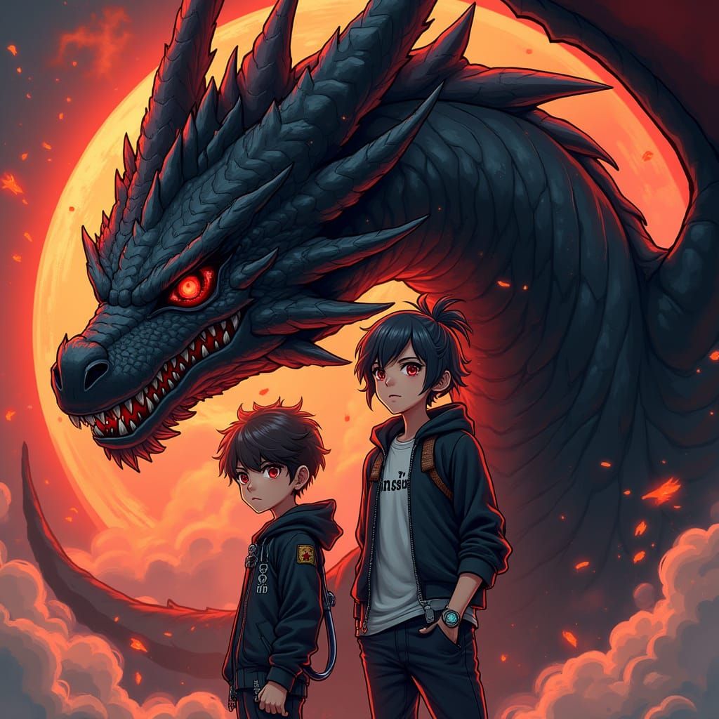 Majestic Dragon with Brave Adventurers in a Fiery Anime-Insp...