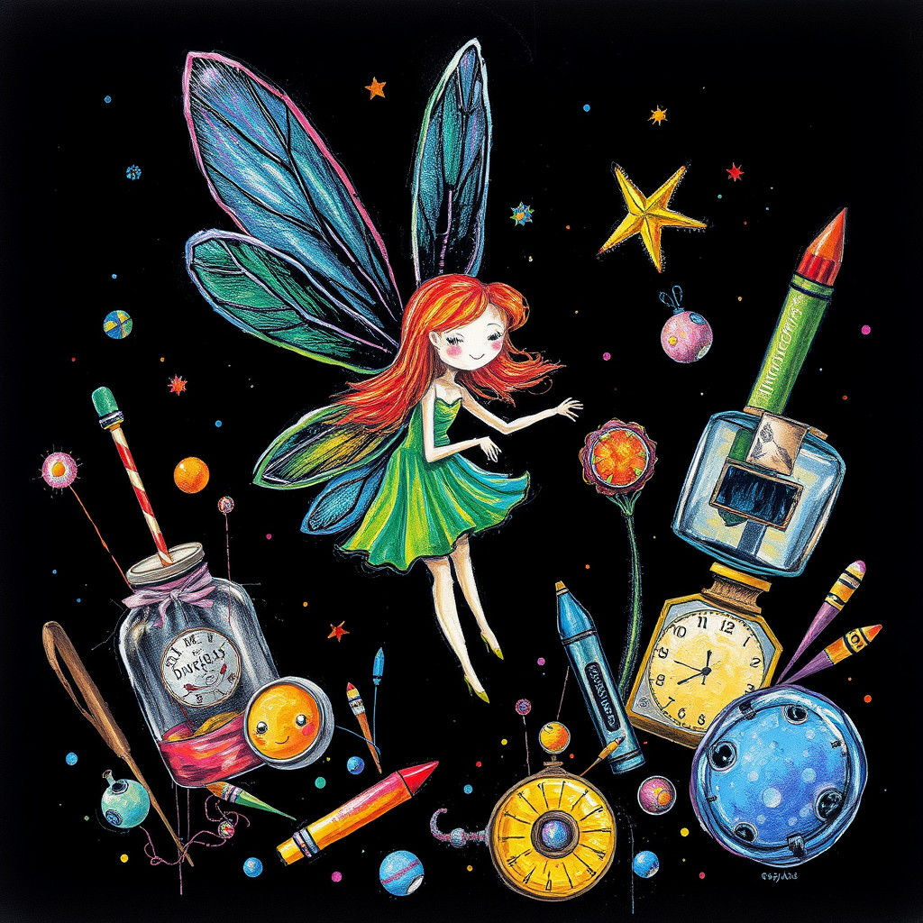 Rainbow Fairy in Surreal Crayon Drawing
