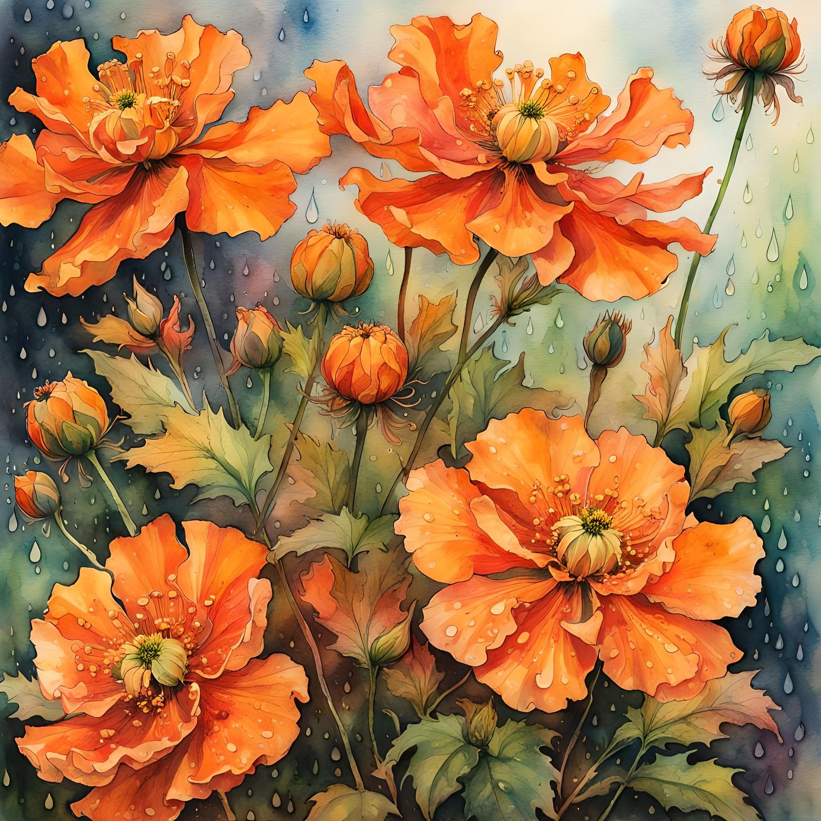Orange Geum Flowers in Rainy Watercolor Illustration