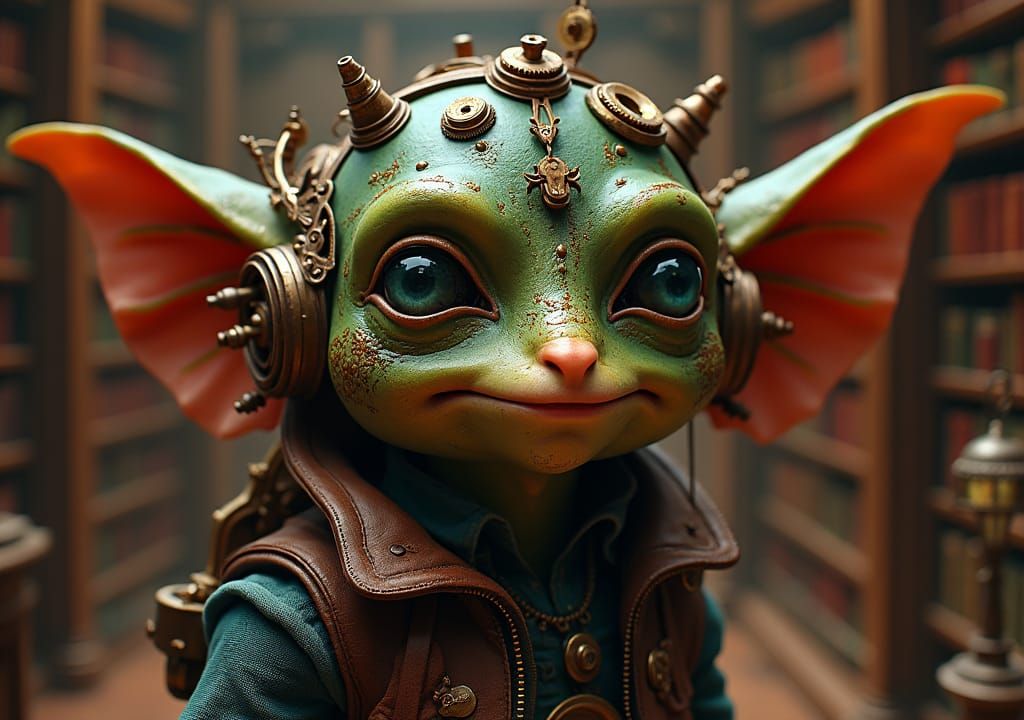 Clockwork Goblin in Steampunk Library, Hyperrealistic Portra...
